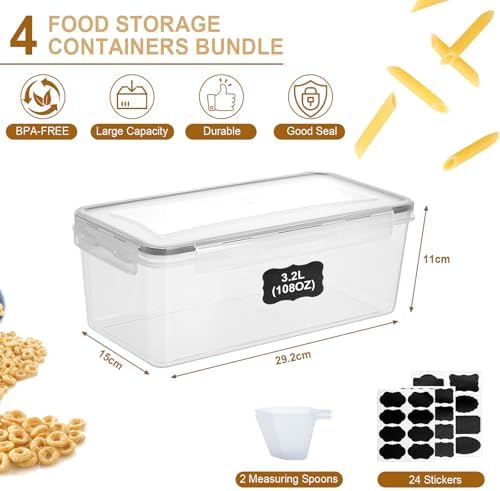 Cozary 3.2L Airtight Food Containers 4 Pieces, Plastic Food Containers with Label and Measuring Cup,BPA Free,Airtight Food Storage Jars for Pasta, Cereals, Muesli, Flour - Image 2
