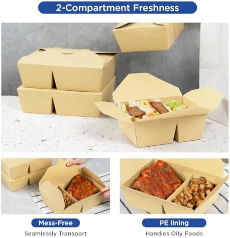 Karat Paper To Go Food Container [76 oz - 200 ct], 2-Compartment Leak-Resistant, Microwavable, Heavy-Duty Take Out Boxes | Grease Resistant & Stackable | #3 Kraft - Image 4