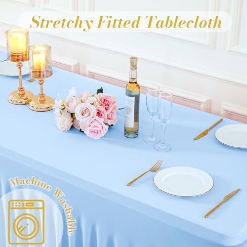 4 Pack Baby Blue Table Cloth for 8 Foot Rectangle Tables Spandex Fitted Tablecloth 8ft Stretch Table Covers Skirt Baby Blue Banquet Tablecloths Wrinkle Free Tablecloth for Party Wedding Birthday Event - Image 7