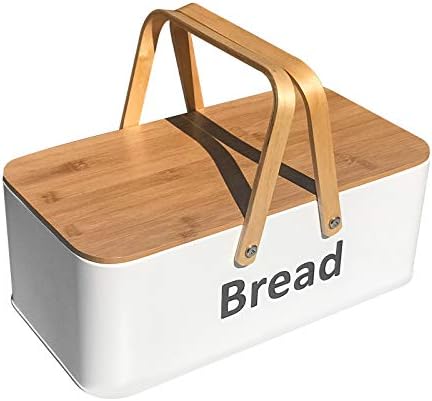 SOTECH Large Bread Box Metal Bread Bin with Bamboo Lid and Handle Food Storage Container Modern Box for kitchen Counter Organizer Kitchen Decor Outdoor Portable Bread Box (white) by SOTECHLLC