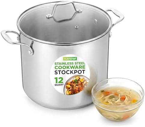NutriChef 12 Quart Stainless Steel Stock Pot with Lid | Induction Cookware for Home & Commercial Use | Heavy Duty Cooking Pot for Boiling or Simmering Soup, Pasta, Seafood, and Sauces by NutriChef%E2%84%A2Kitchen