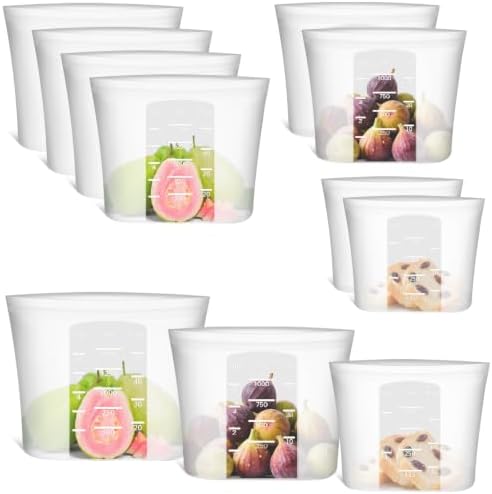 8-Pack Reusable Silicone Food Storage Bags, 100% Silicone Stand-Up Wide-Open Zip-Lock Reusable Storage Bags for Food, Freezer Microwave Oven Dishwasher Safe, Translucent, 4M 2S 2XS by SiliseaDirect