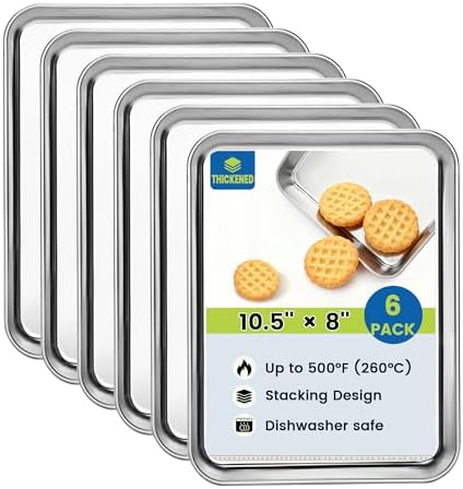 BIEAMA 6 Pack Stainless Steel Toaster Oven Baking Sheets, 10.5 x 8 in | Stainless steel pans with no chemical coating, mirror-polished finish and rolled edges; dishwasher safe, oven safe to 500°F. by BIEAMA