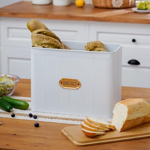 Extra Large Diagonal Stripe Embossed Bread Box with Bamboo Lid | Corner Breadbox for Homemade Bread, White Metal Bread Storage Container Bin for Kitchen Countertop, Fits 2 Loaves of Bread - Image 4