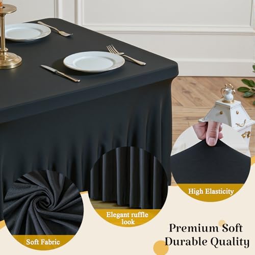 2 Pack Black Spandex Table Covers & Table Skirt for 6FT Rectangle Tables - Fitted 6 Foot Stretch Fabric Tablecloth with Pleats, Wrinkle Free for Weddings, Parties, Craft Fairs & Folding Tables - Image 5