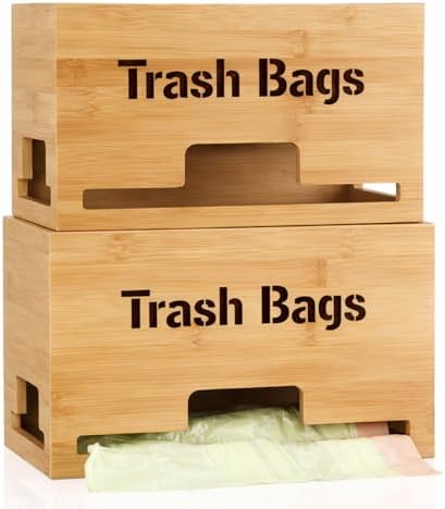 Kathfly 2 Pcs Bamboo Trash Bag Holder Dispenser Stackable Garbage Bag Dispenser, Large and Small Size Trash Organizer for Farmhouse Kitchen Laundry Under Sink, Wall Mounted or Freestanding by Kathfly