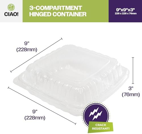 CIAO! 9"x9"x3" 3 Compartment PP Plastic Clear Hinged Container for Take Out (Case of 150) - Image 5