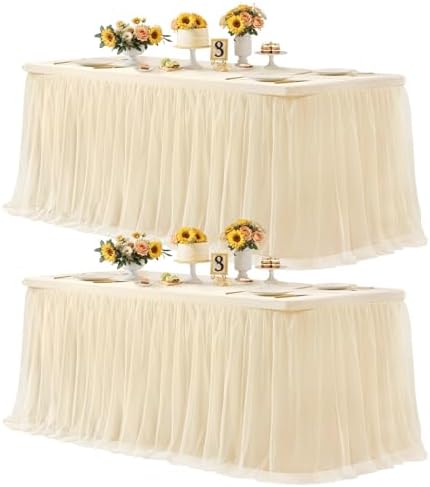 Champagne Tablecloth Rectangle Table Cover for 6 Foot Table, Champagne Tulle Table Skirt Rectangle Table 6ft Stretch Tulle Tablecloth Fitted Elastic Banquet Party Wedding Table Cloth for 6 Foot Table by HBBMAGIC