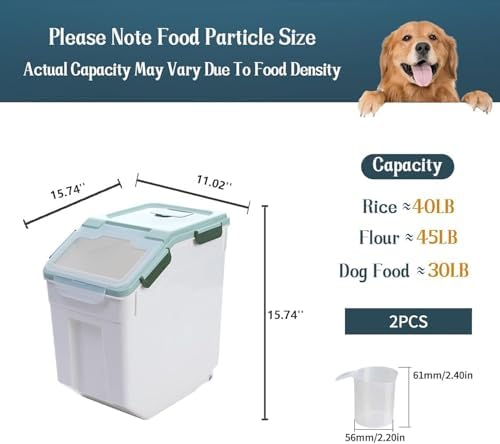 AnRui Rice Storage Container 50LB, Airtight Flour Storage Containers, Plastic Cereal Grain Dispenser Organizer Pet Food Storage Bin with Lid, Measuring Cup, Scoop, Green, 2Pcs(Total Capacity:100LBS) - Image 2