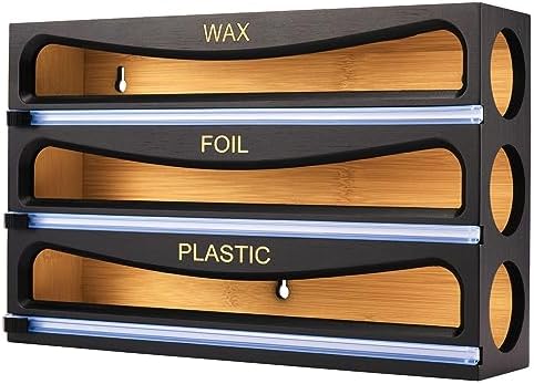 Bamboo Wrap Dispenser with Cutter, Plastic Wrap Organizer, Aluminum Foil Organization, and Wax Paper Dispenser Holder for Kitchen Drawer and Wall, Compatible with 12" Roll (01 Black) by CozeeBay