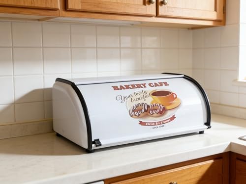 Large Metal Bread Box for Kitchen Countertop, White Roll Top Bin by JunWondC