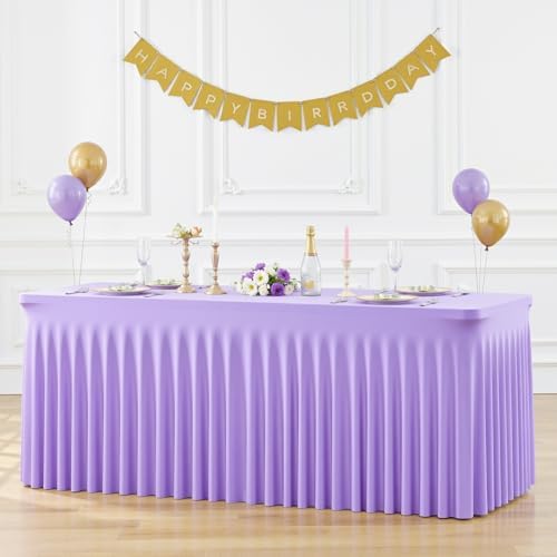 Lavender Spandex Tablecloths for Rectangle Tables Light Purple Stretch Table Cloth Rectangle 6ft Lilac Elastic Fitted Table Cover with Skirt for Wedding Birthday Party Banquet Baby Shower Buffet - Image 2