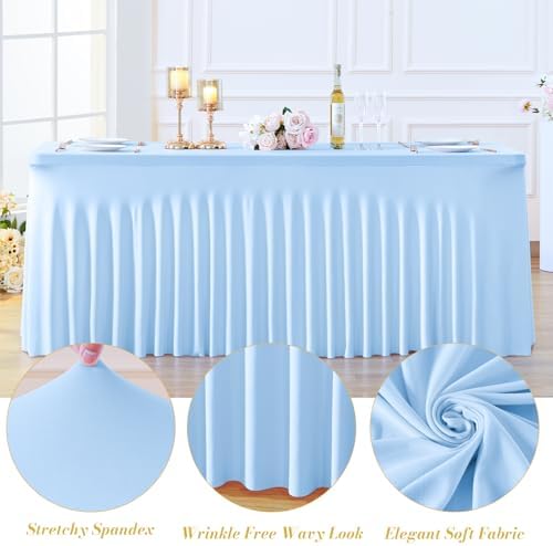 4 Pack Baby Blue Table Cloth for 8 Foot Rectangle Tables Spandex Fitted Tablecloth 8ft Stretch Table Covers Skirt Baby Blue Banquet Tablecloths Wrinkle Free Tablecloth for Party Wedding Birthday Event - Image 5