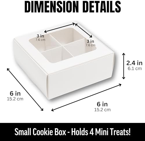 100 pcs White Mini Cookie Boxes for 4 treats with Window and Dividers, Bakery Boxes, 6 x 6 x 2.4 Inches SMALL Baking Boxes, Square Cookies Box Decorating Supplies for Gift Giving - Image 2