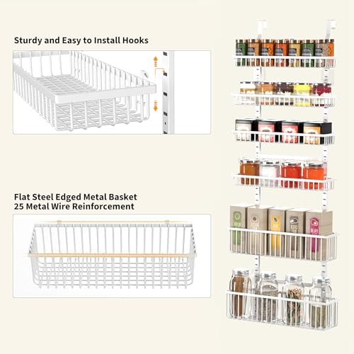 Moforoco Adjustable Over the Door Organizer, Metal Hanging Door Organizer with 5 Wire Basket 7 Hooks, Wall Mounted Shelf for Pantry Laundry Organization and Storage, White - Image 4