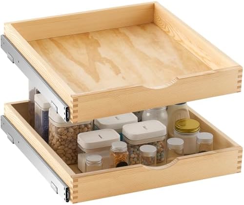 Menkxi 2 Set Wooden Pull out Cabinet Organizer Fully Assembled Slide out Pantry Drawer with Gentle Close Storage Shelf Tray for Base Kitchen Under Sink Bathroom Accessory(Wood Color,21'' X 21'' X 3'') by Menkxi