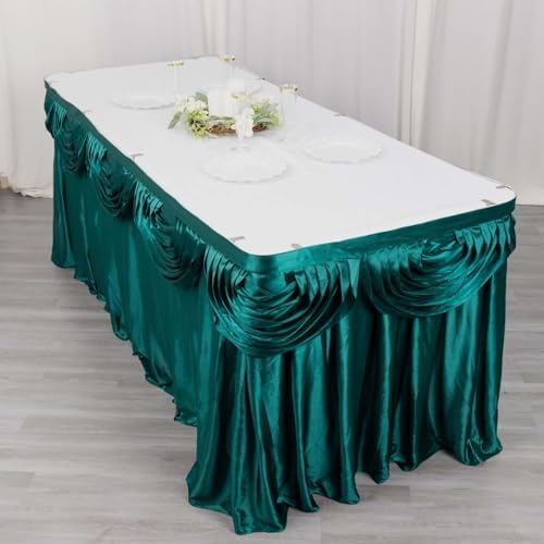 Efavormart 14ft Peacock Teal Pleated Satin Double Drape Table Skirt - Image 6