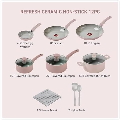 T-Fal Refresh Ceramic Nonstick Pots and Pans Set, 12-Piece, Dusty Rose - Image 2