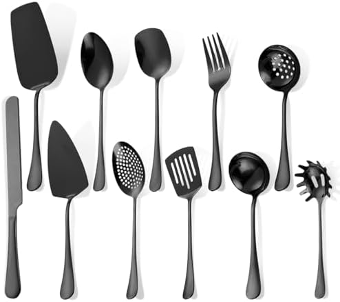 Black Utensils Catering Set 11-Piece Stainless Steel Spatula Turner Serving Spoon Fork Skimmer Ladle Cake Server Cutter, Buffet Banquet Kitchen Restaurant Hostess Set Easy to Clean by A%C2%B7HOUSEWARE