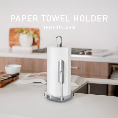 simplehuman Tension Arm Countertop Paper Towel Holder, Easy One-Handed Tear, Standing Weighted Base with Finger Loop, Heavy Duty, Brushed Stainless Steel - Image 2
