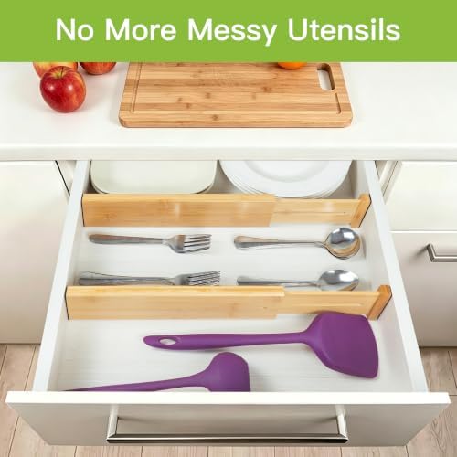 Utoplike Bamboo Dresser Drawer Dividers, Expandable Organizer for Clothing | Adjustable 3.2" High Drawers Separators for Kitchen, Bathroom, Bedroom, Office Storage, 4Pcs, Fit 13.5"-16" Inner Drawer - Image 6