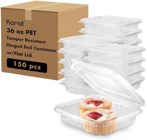 Karat 36oz PET Tamper Resistant Hinged Deli Container [150 ct] - Plastic Clamshell Food Containers, Easy Open Pull-Tab for Restaurants & Takeout by Karat