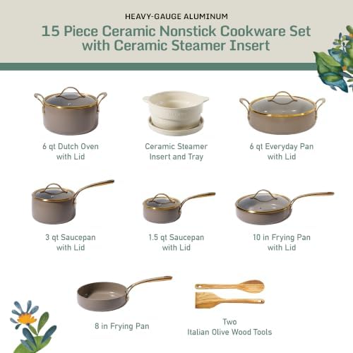 Bloomhouse 15-Piece Ceramic Nonstick Cookware Set, Two Time Oprah's Favorite Things, Heavy-Gauge Aluminum Pots and Pans Set, PFAS & PFOA & PTFE Free Ceramic Cookware, Oven Safe to 500°F, Cappuccino - Image 3