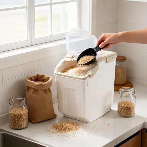 Large Flour Storage Container Bin 25lb, 2Pack Airtight Rice Storage Containers with Wheels Seal Locking Lid, BPA Free with Measuring Cup&Scoop for Flour, Rice, Grain(Gray) - Image 2