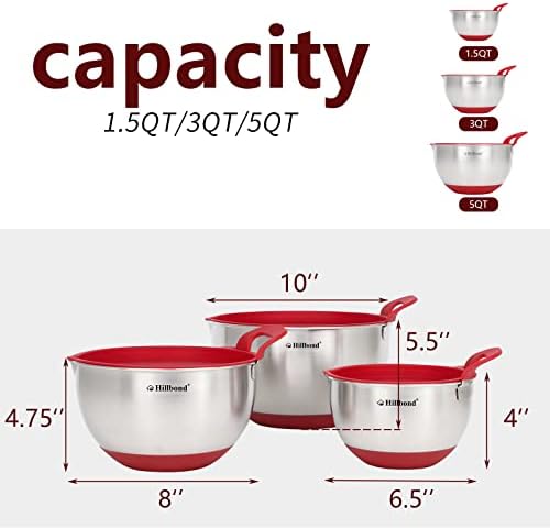 Hillbond Stainless Steel Mixing Bowls with Lids Set, Set of 3, Red | mixing bowl with Pour Spout, Silicone Handle, Non-Slip Bottoms, Dishwasher Safe, Metal Mixing Bowls for baking - Image 5