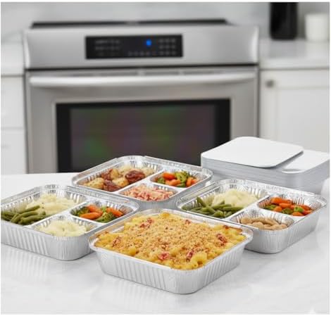 Disposable Aluminum Foil Tray with Paper Board Lids (Case of 250 sets) – L 8 1/2" x W 6 1/2" x H 1 1/2" 3-Compartment Foil Pan - Image 3