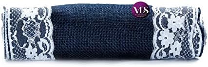 VDS Pack of 10, Burlap Table Runner with White Lace Edge, 100% Natural Jute Rustic Hessian Table Cloth Centerpiece for Wedding Birthday Party Banquet Table Decoration (Size 12X108 Inch)(Navy Blue) - Image 4