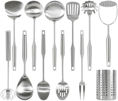 304 Stainless Steel Cooking Utensils Set with Holder, 12 PC Metal Kitchen Utensils Gadgets Sets with Potato Masher, Pasta Server, Fork, Turner, Skimmer, Spoon by CQKEDMA