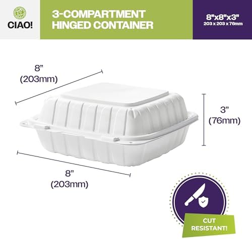 CIAO! 8"x8"x3" MFPP White Hinged Container With Lid 3 Compartment (Case of 200) - Image 4
