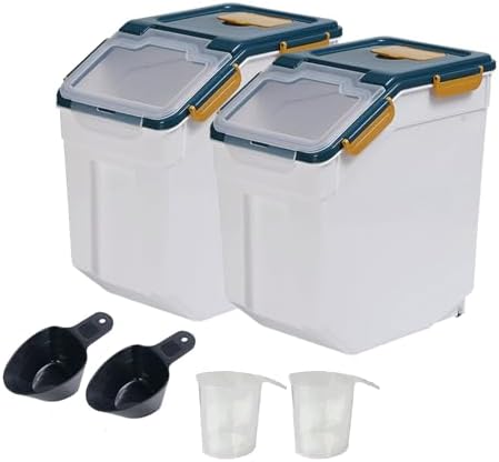 2 Pack Large Flour Storage Container 25 lb, Airtight Food Storage Bins with Wheels & Locking Lid, BPA Free Rice Grain Organizer with Measuring Cup, Flour Bin for Kitchen Pantry (Blue) by Qiveno