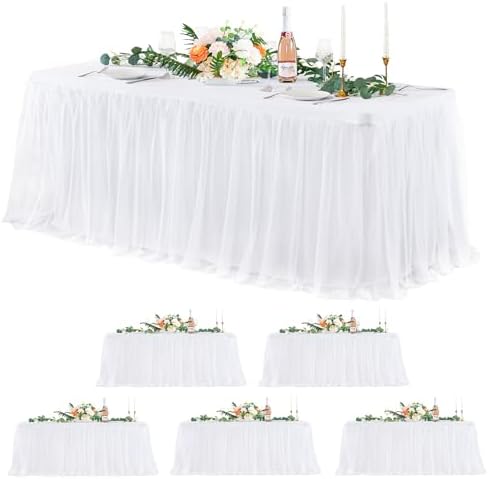Suppromo 6 Pack White Tulle Tablecloths for 6 Foot Rectangular Tables, 72 x 30 Inch White Rectangle Table Cloth, Wrinkle Free Table Cover with Tutu Skirt for Wedding Birthday Party Banquet by Suppromo