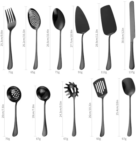 Black Utensils Catering Set 11-Piece Stainless Steel Spatula Turner Serving Spoon Fork Skimmer Ladle Cake Server Cutter, Buffet Banquet Kitchen Restaurant Hostess Set Easy to Clean - Image 2