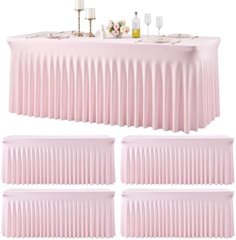4 Pack Pink Spandex Tablecloths for Rectangle Tables 8 Foot Pink Stretch Table Cloth Rectangle 8ft Elastic Fitted Table Cover with Skirt for Wedding Baby Shower Girl Birthday Party Banquet Buffet by Suppromo