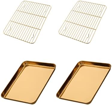 Meisha Baking Sheet with Wire Rack Set [2 Pans + 2 Tier Racks], Stainless Steel Cookie Sheet Baking Trays & Cooling Rack for Cooking, Gold by Unknown