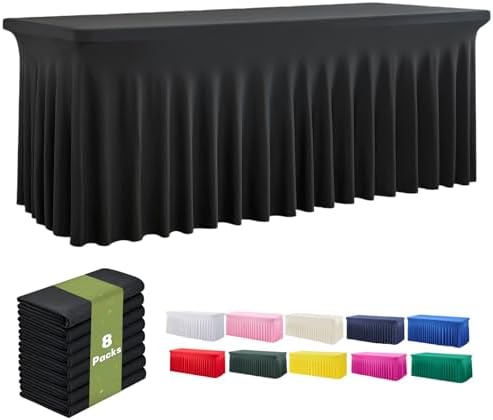 leegleri 8 Pack Black Spandex Table Cloths for 6 Foot Rectangle Tables, Wrinkle Free Stretch Fitted Tablecloths 6ft, Black Banquet Tablecloth with Skirt for Parties Weddings Birthday by LeegleriTableSkirt