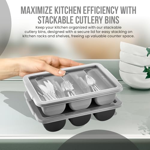 2 Pack - Cutlery Bin with Lid, Commercial 3-Compartment Flatware Tray with Cover, Silverware Divided Storage Plastic Container, Restaurant Condiments Holder, Covered Utensil Organizer Box, Black - Image 3