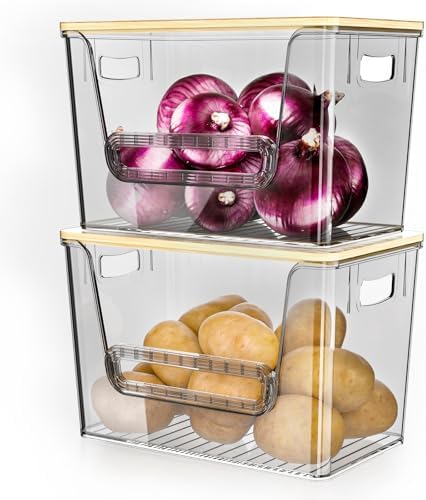 Delamu 2 Set Pantry Organizers and Storage,Trash Bag Dispenser with Bamboo Top,Stackable Trash Bag Dispenser Under Sink Organizer for 4-30 GalBags,Onion,Potato,Fruits,Gray(11.22" L*7" W*7.12" H) by DELAMU