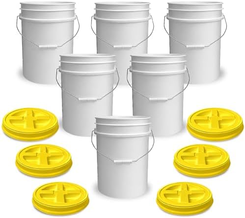 ePackageSupply 5 Gallon Bucket - Food Grade w/Lid BPA-Free, White/Yellow, 6 | Airtight Gamma Seal Screw-On Lid, Heavy-Duty 90 Mil HDPE Plastic, Food Safe and Durable Container, Bulk Storage, Made in USA by ePackageSupply