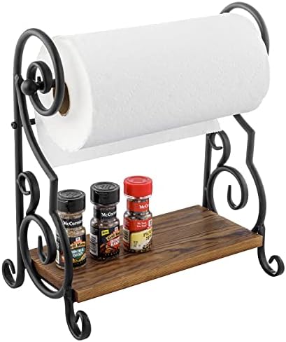 MyGift Black Paper Towel Holder with Rustic Wood Shelf, Countertop Stand by MyGiftHome