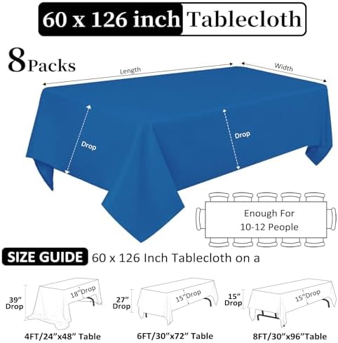 8 Pack Royal Blue Tablecloth Rectangle 60 x 126 Inch for 8 Foot Tables - Image 2