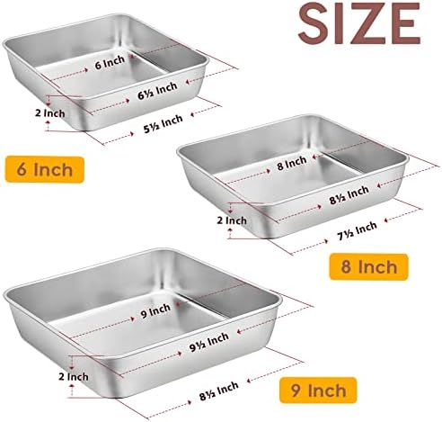 E-far 12.5/10.5/9.4Inch Baking Pans Set of 3 and 6/8/9Inch Square Cake Pan Set of 3, Stainless Steel Rectangle Sheet Cake Pan for Oven Cooking Cake Lasagna Brownie Casserole Cookie, Dishwasher Safe - Image 3