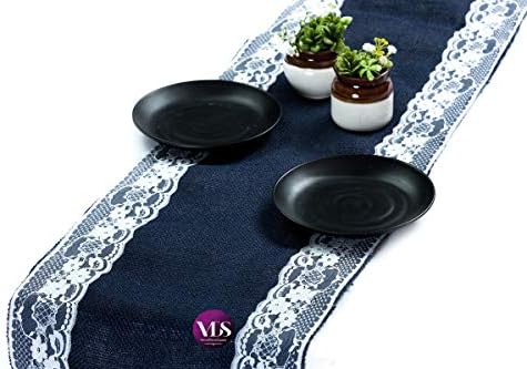 VDS Pack of 10, Burlap Table Runner with White Lace Edge, 100% Natural Jute Rustic Hessian Table Cloth Centerpiece for Wedding Birthday Party Banquet Table Decoration (Size 12X108 Inch)(Navy Blue) by VDS