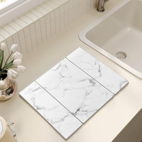 Large Stone Drying Mat for Kitchen Counter, 24"x16" Collapsible Quick Dry Dish Drying Mat, Water-Absorbent Marble Diatomaceous Earth Mats for Bottles Cups Dishes, Match Any Countertop - Image 2