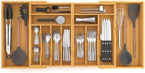 Suli Extra Large Silverware Drawer Organizer,Expandable 22in to 37in,Bamboo | 2.6in Deep,13 Slot,Removable Design,Expandable Utensil Tray for Kitchen Drawer,Big Adjustable Cooking Cutlery Flatware Holder by Suli