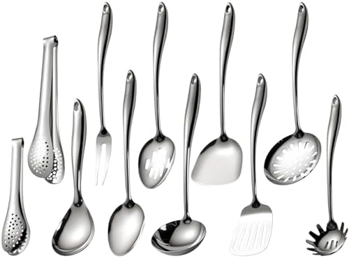 304 Stainless Steel Cooking Utensils Set, 11 PCS Long Large Metal Cooking Utensil Tools Set, Mirror Polished Kitchen Gadget Cookware and Kitchen Tool Set, Dishwasher Safe by Unknown