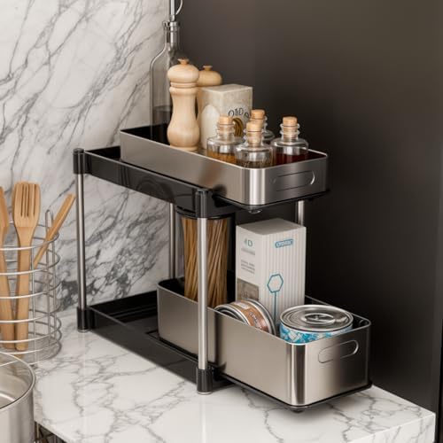 Home Zone Living 2-Tier Stainless Steel Cabinet Pull Out Organizer for Kitchen and Bathroom Storage by HomeZoneLiving